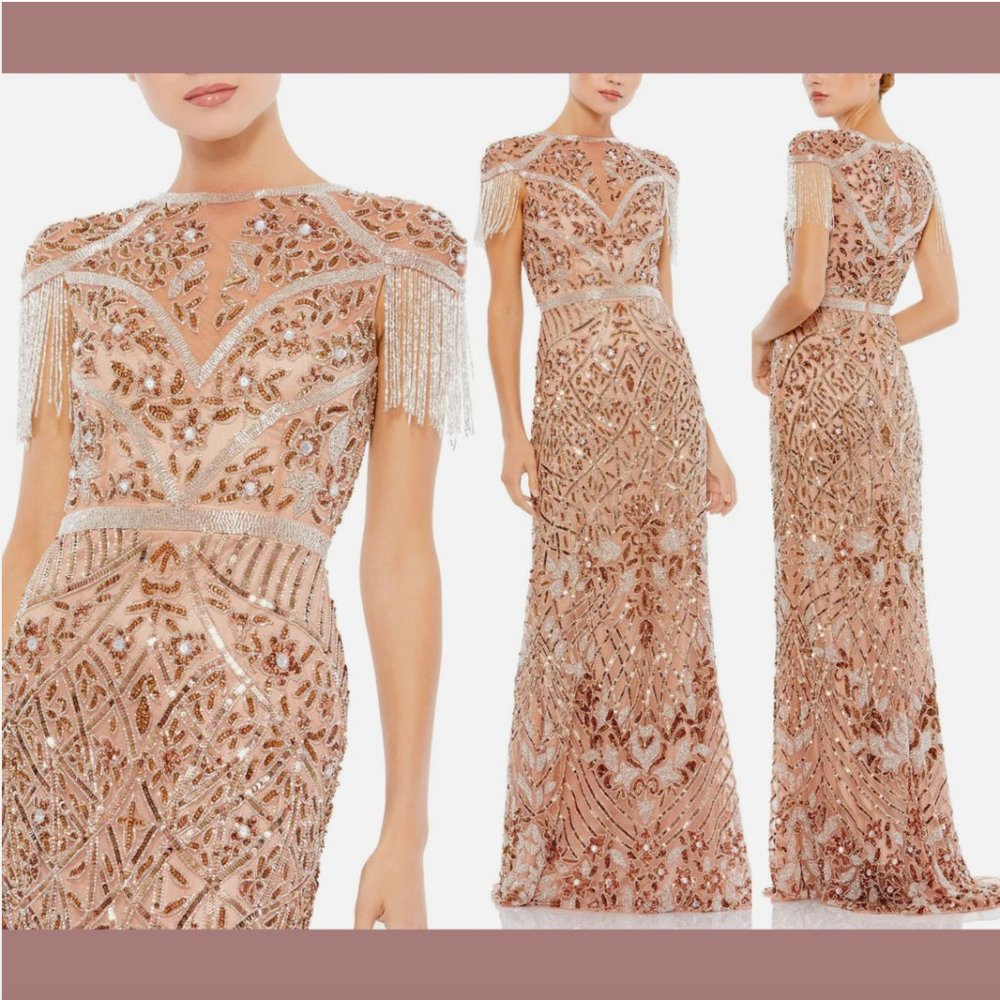 NWT $598 Mac Duggal [ 10 ] Fringe Cap Sleeve‎ Beaded Column Gown Copper #Q661